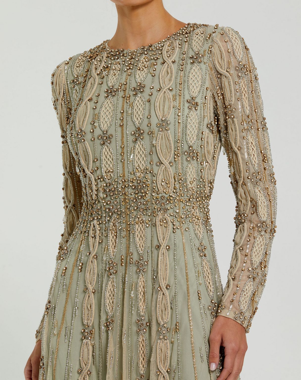 Formal Dresses A Line Long Sleeve Beaded Formal Evening Dress Nude Sage