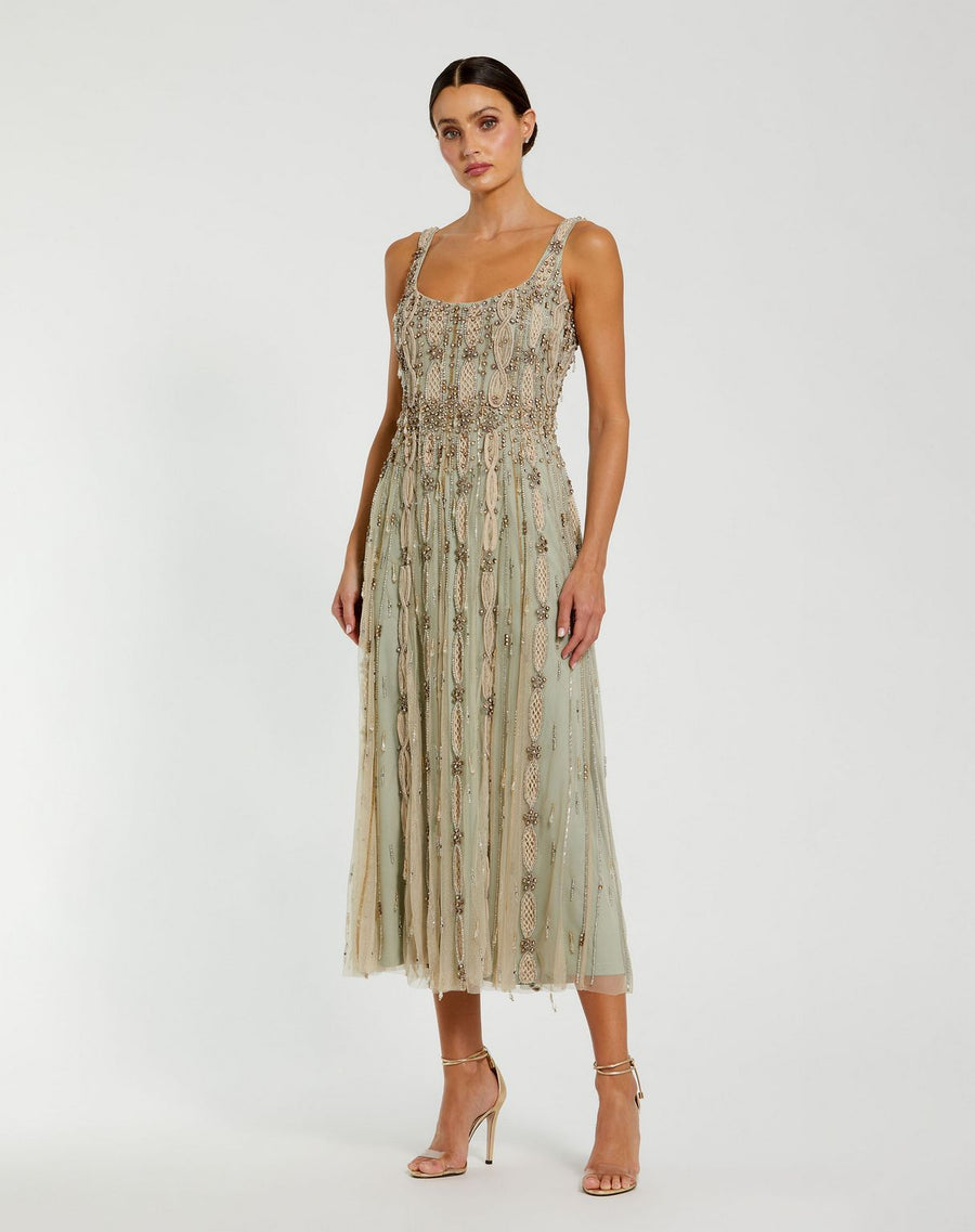 Formal Dresses Beaded Tea Length Formal Dress Nude Sage