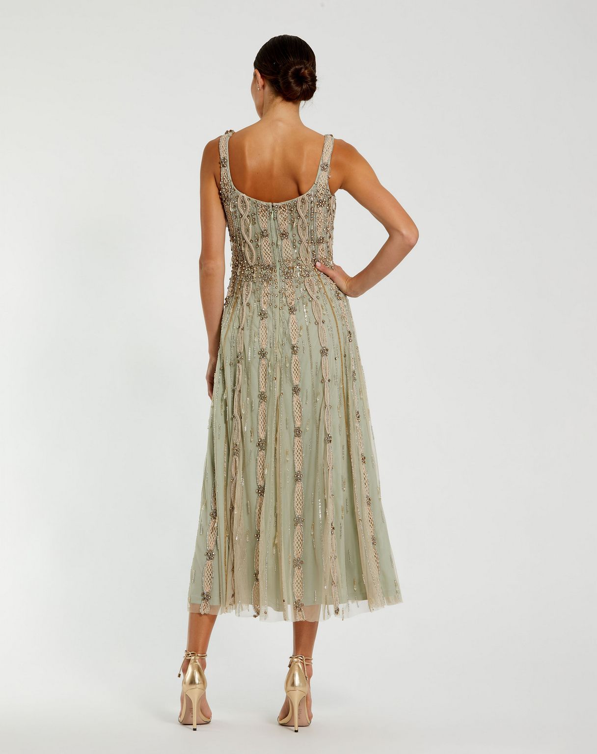Formal Dresses Beaded Tea Length Formal Dress Nude Sage