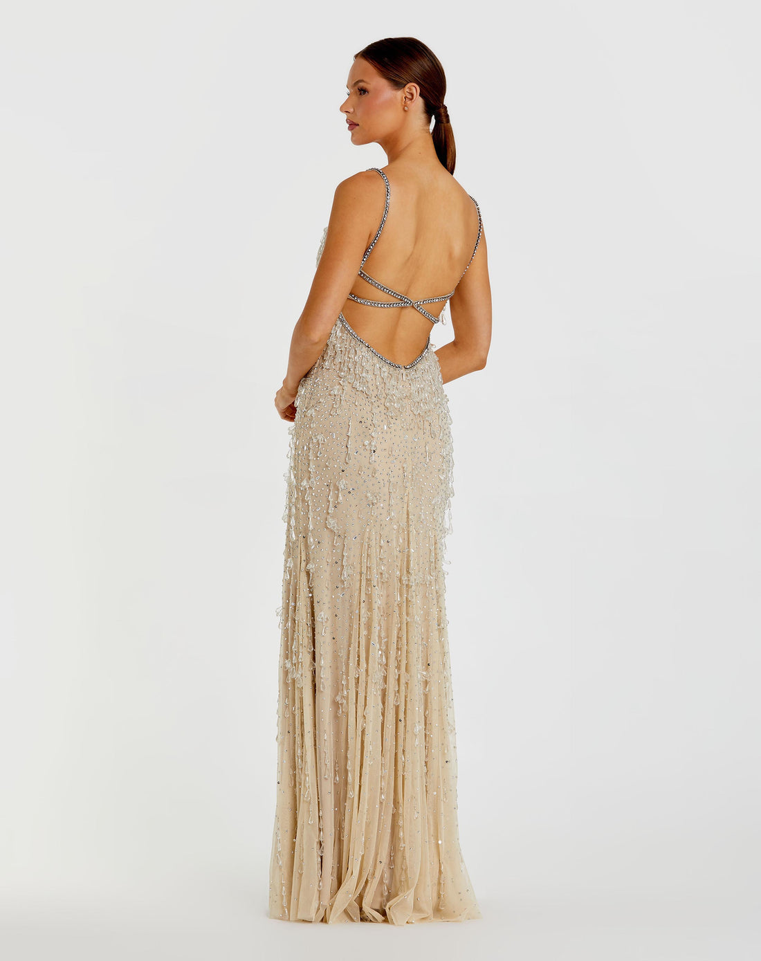 Prom Dresses Long Formal Prom Beaded Fringe Dress Nude Silver