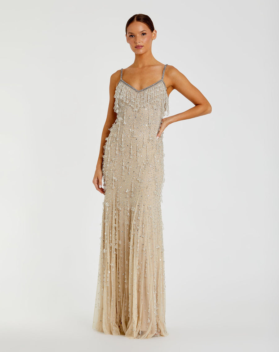 Prom Dresses Long Formal Prom Beaded Fringe Dress Nude Silver