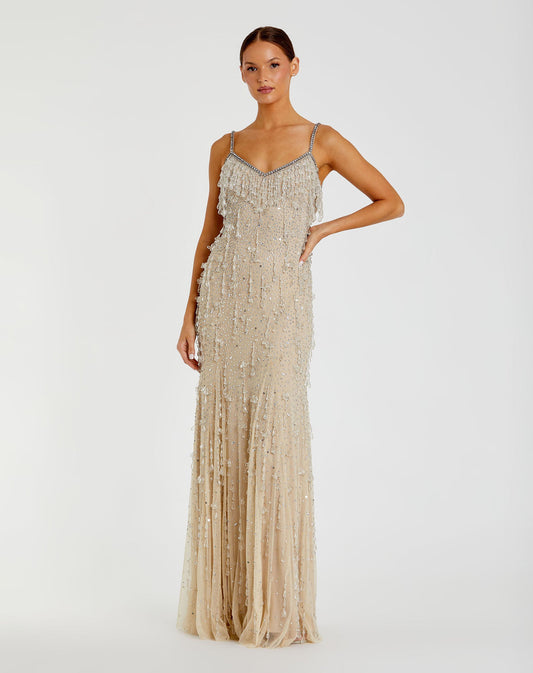 Prom Dresses Long Formal Prom Beaded Fringe Dress Nude Silver