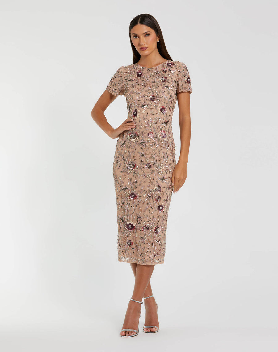 Cocktail Dresses Midi Length Cocktail Short Floral Applique Dress Mocha