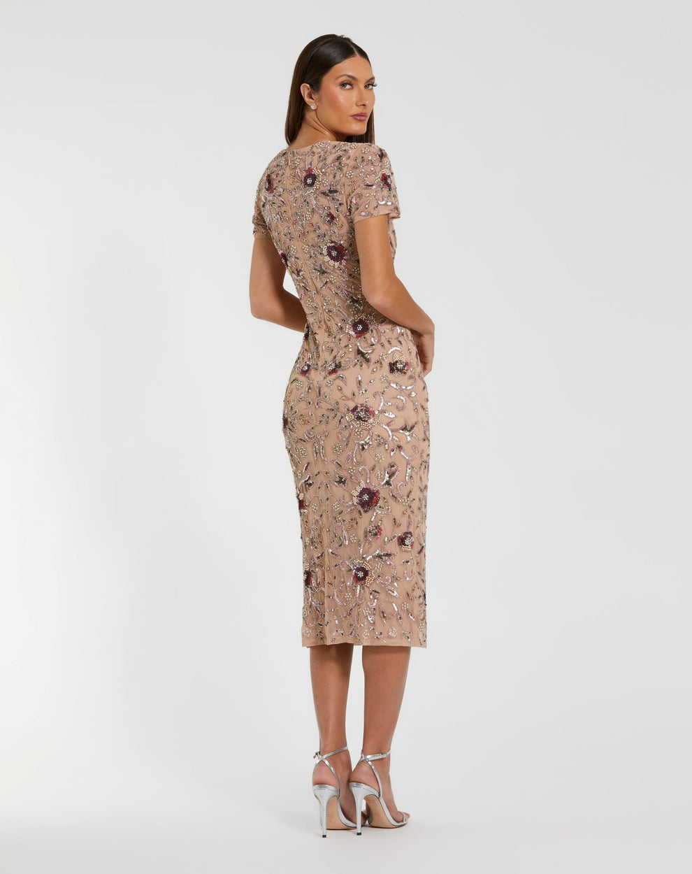 Cocktail Dresses Midi Length Cocktail Short Floral Applique Dress Mocha