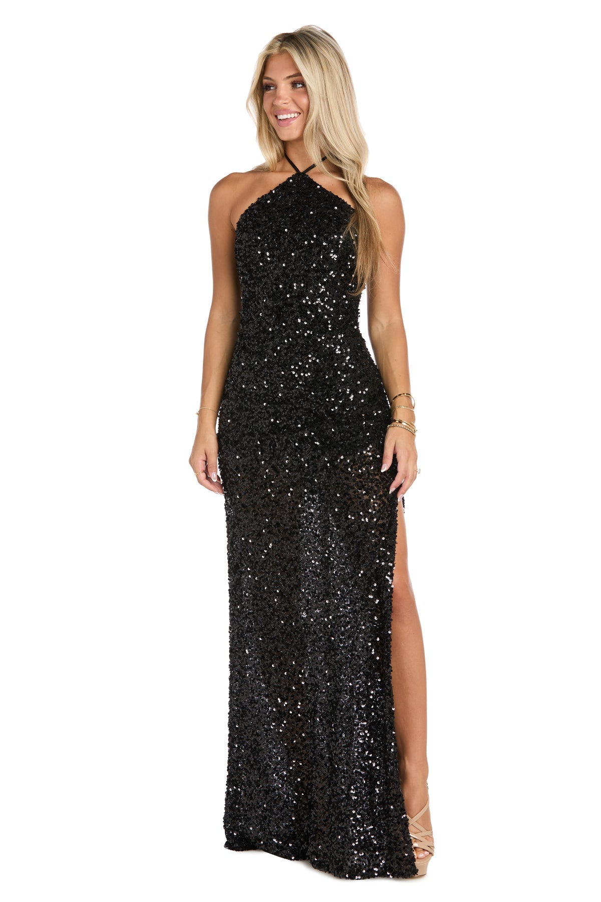 Prom Dresses Slit Sequin Long Formal Fitted Evening Prom Dress Black