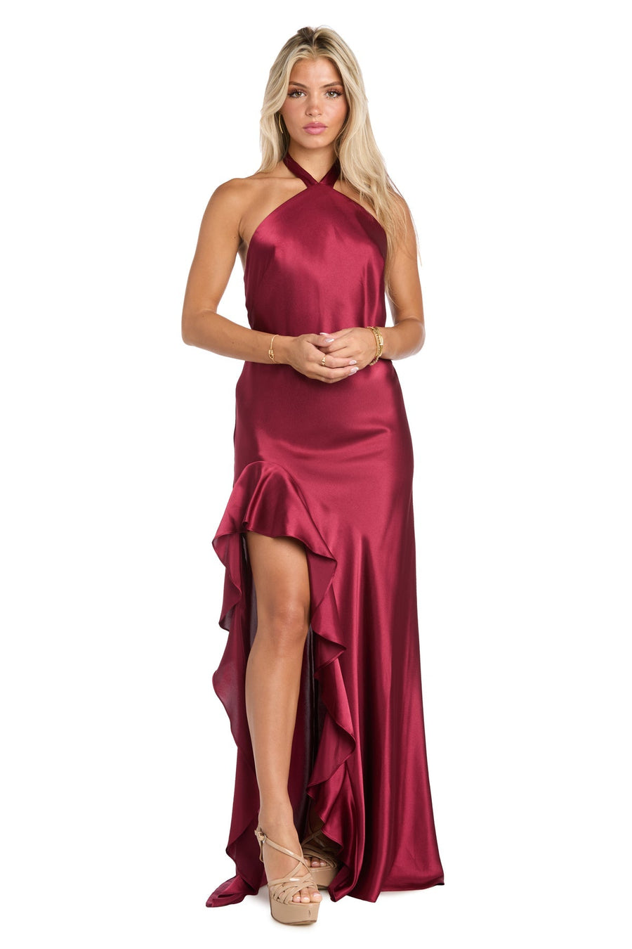 Formal Dresses Fitted Long Formal Ruffle Slit Evening Dress Wine