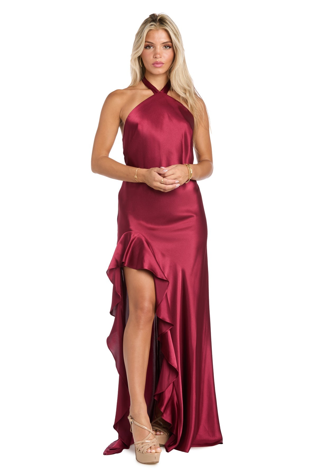 Formal Dresses Fitted Long Formal Ruffle Slit Evening Dress Wine