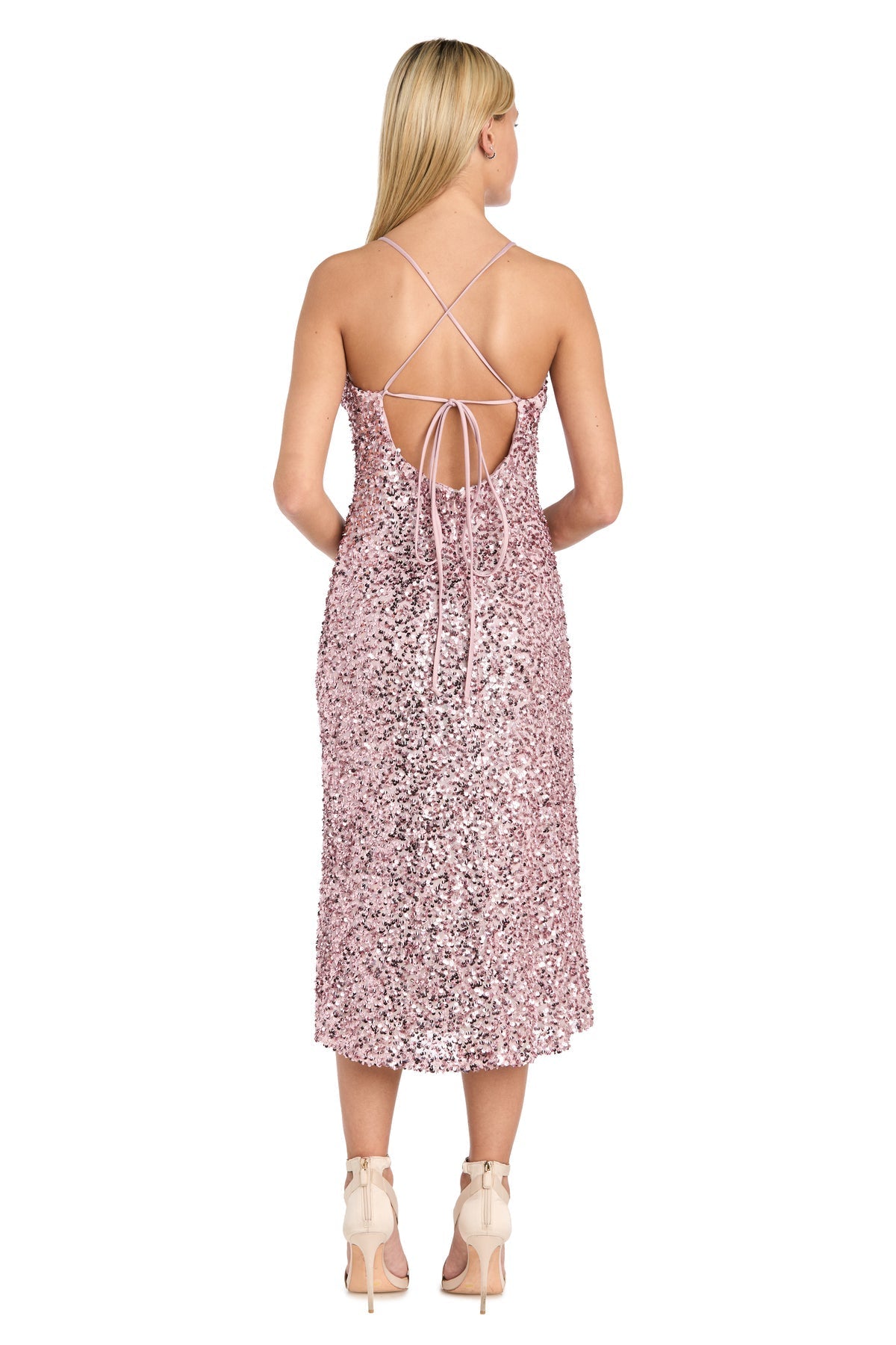Short Sequin Cocktail Cowl Midi Dress Blush