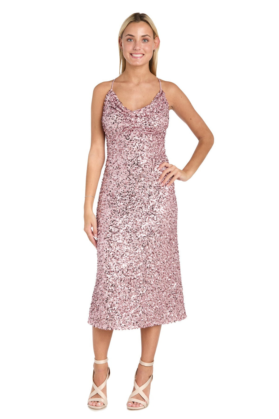 Short Sequin Cocktail Cowl Midi Dress Blush