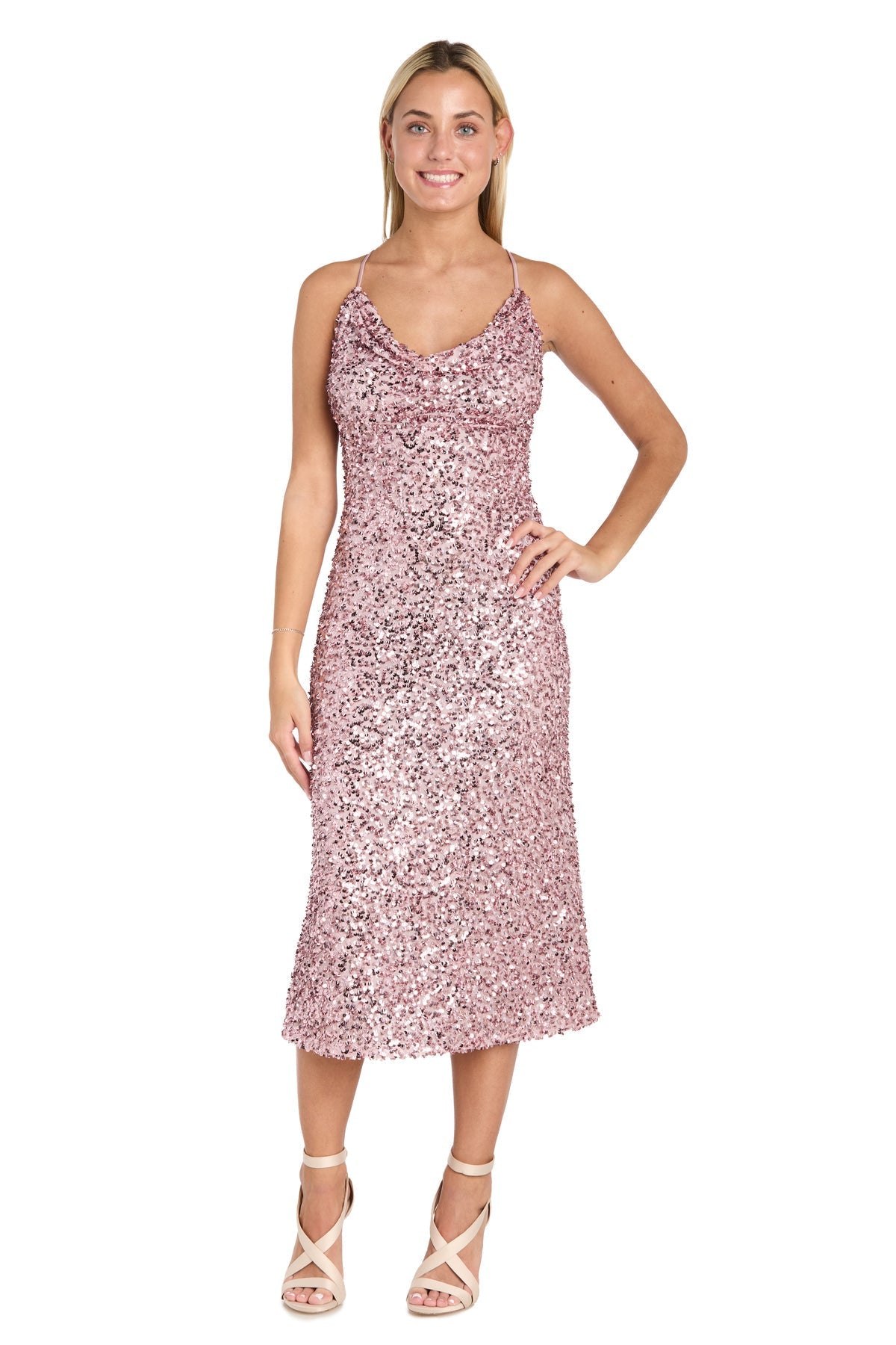 Short Sequin Cocktail Cowl Midi Dress Blush