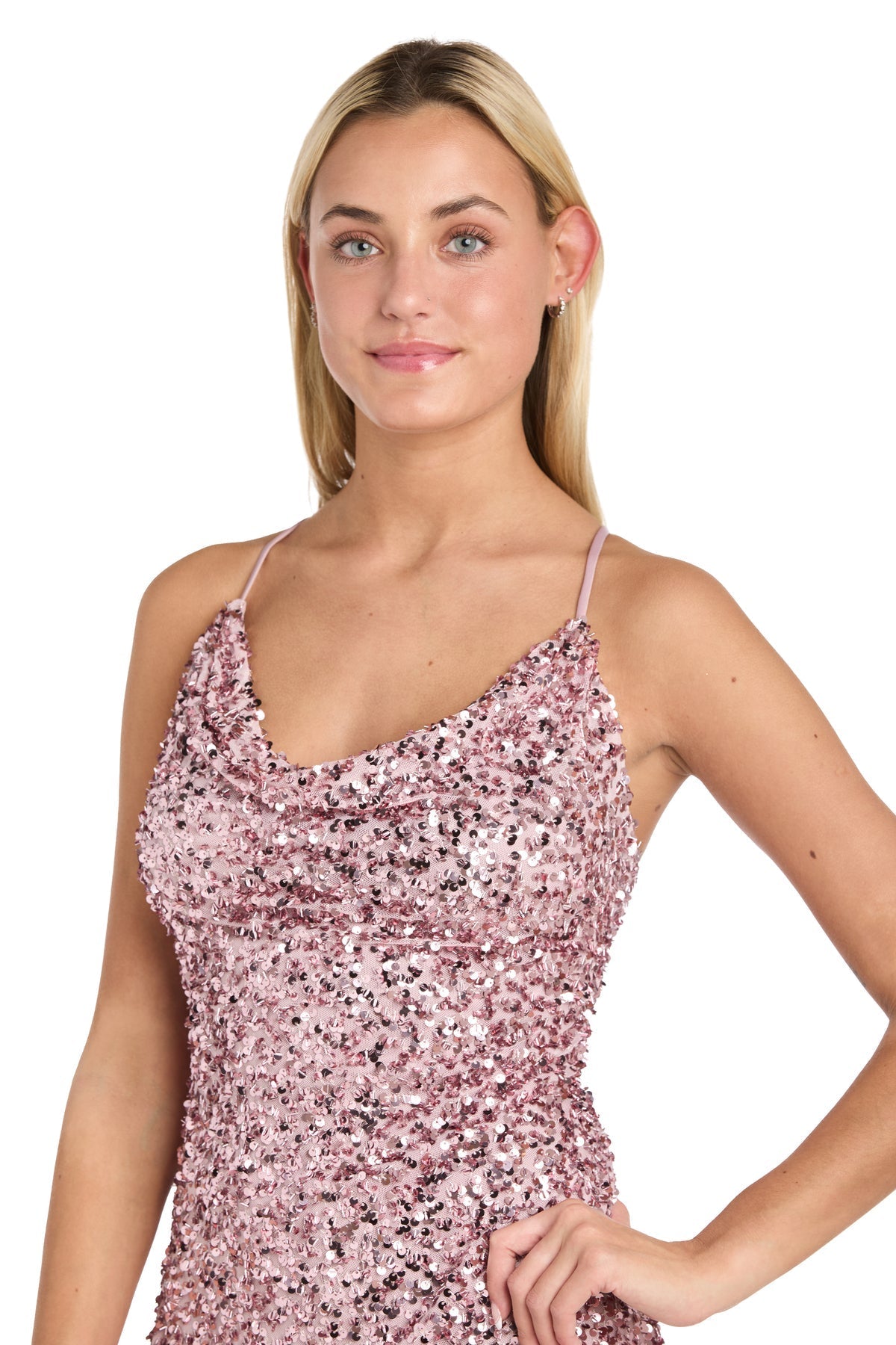 Short Sequin Cocktail Cowl Midi Dress Blush