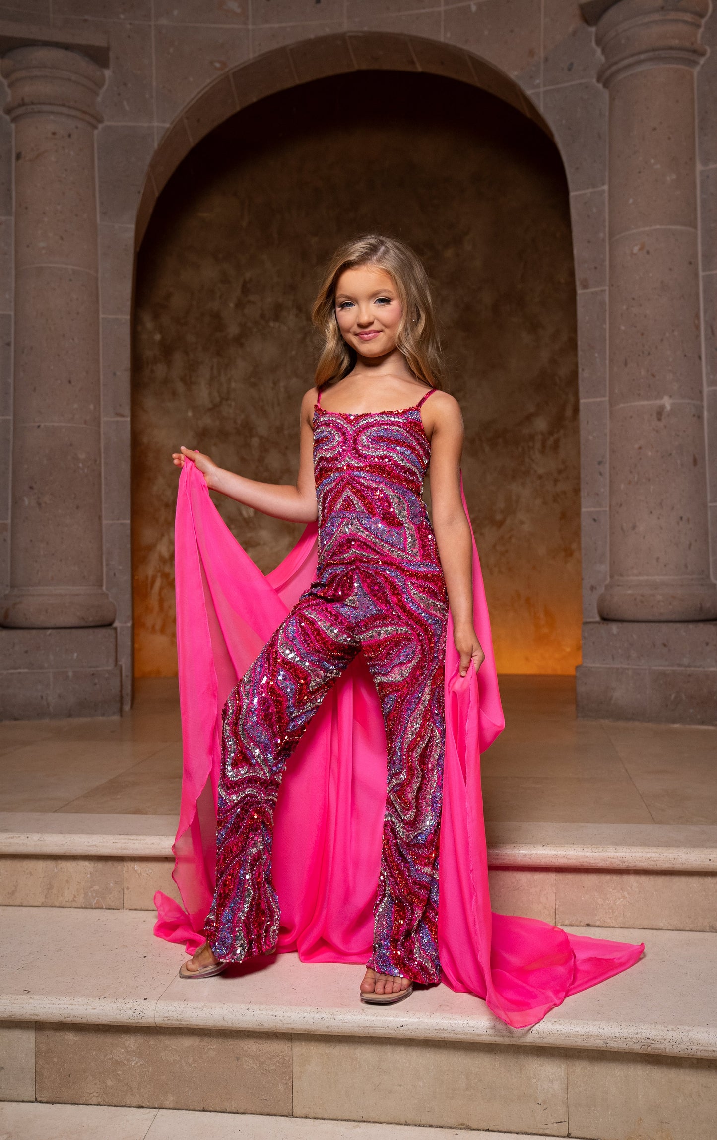 Girl Dresses Long Beaded Print Cape Little Girl Jumpsuit Hot Pink Multi