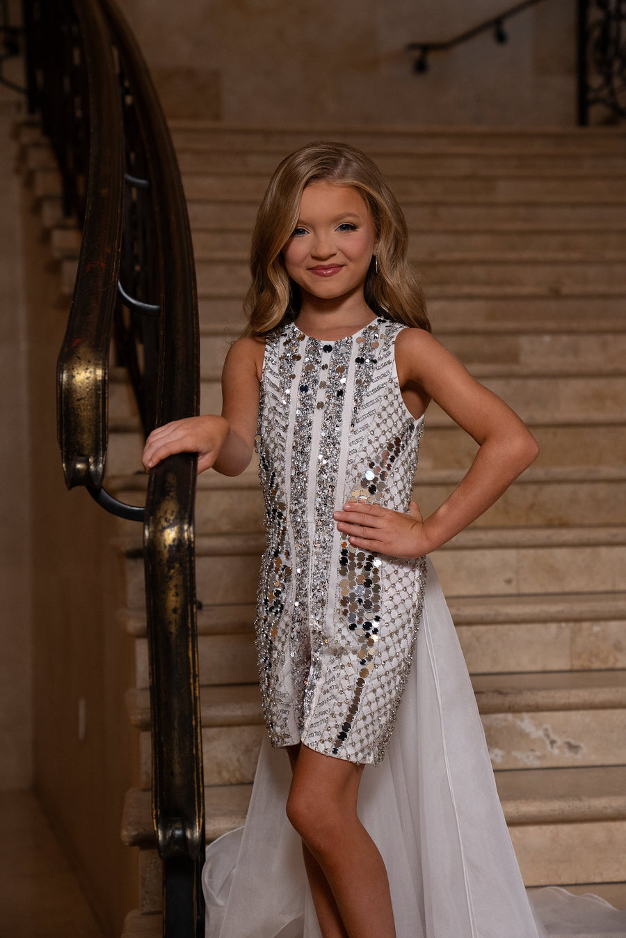 Girl Dresses Beaded Formal Little Girls Overskirt Romper White