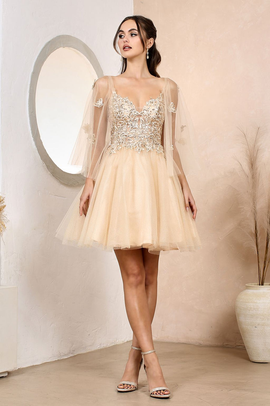 Cocktail Dresses A Line Prom Short Applique Homecoming Cape Dress Champagne