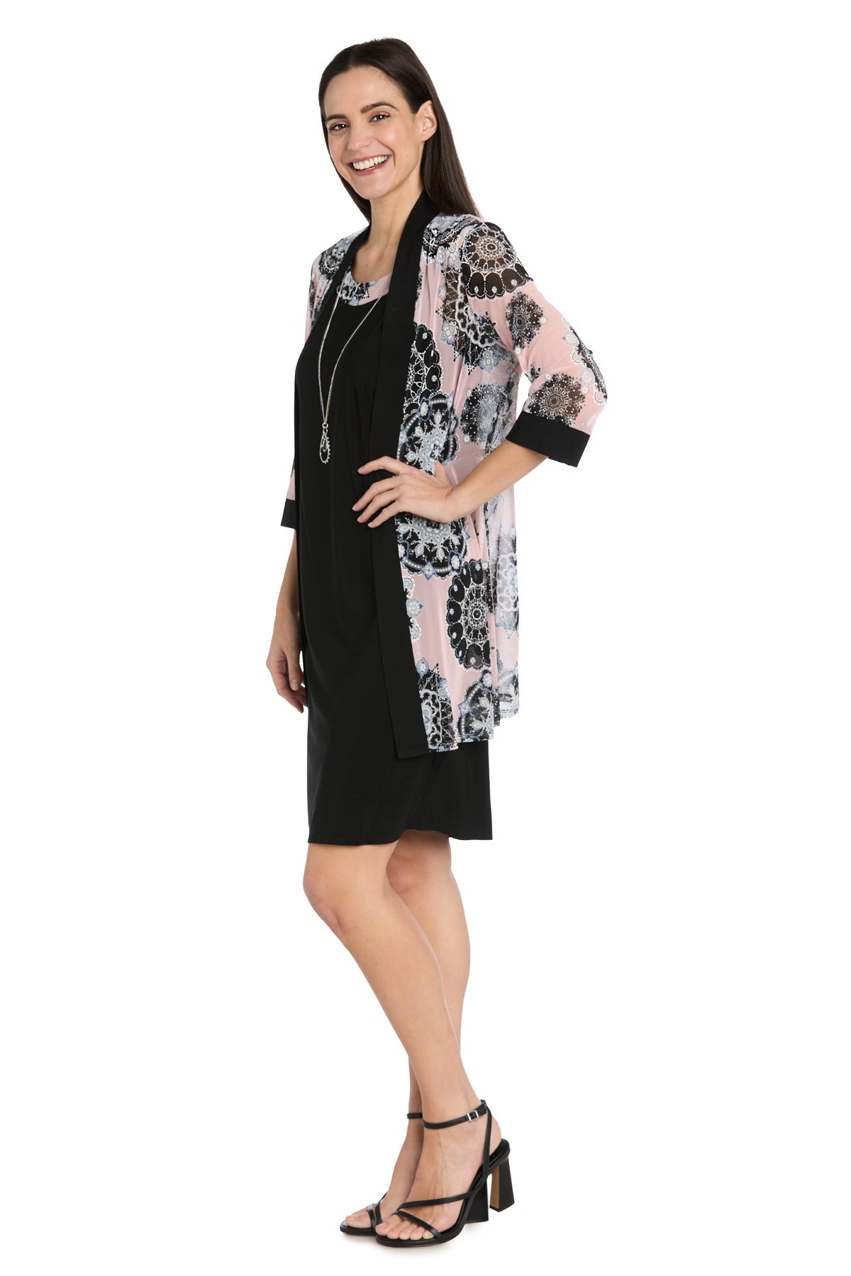 Mother of the Bride Dresses Two Piece Short Printed Jacket Petite Dress Black/Pink