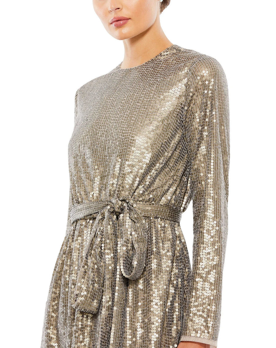 Cocktail Dresses Sequin Embellish Long Sleeve High Neck Short Dress Taupe