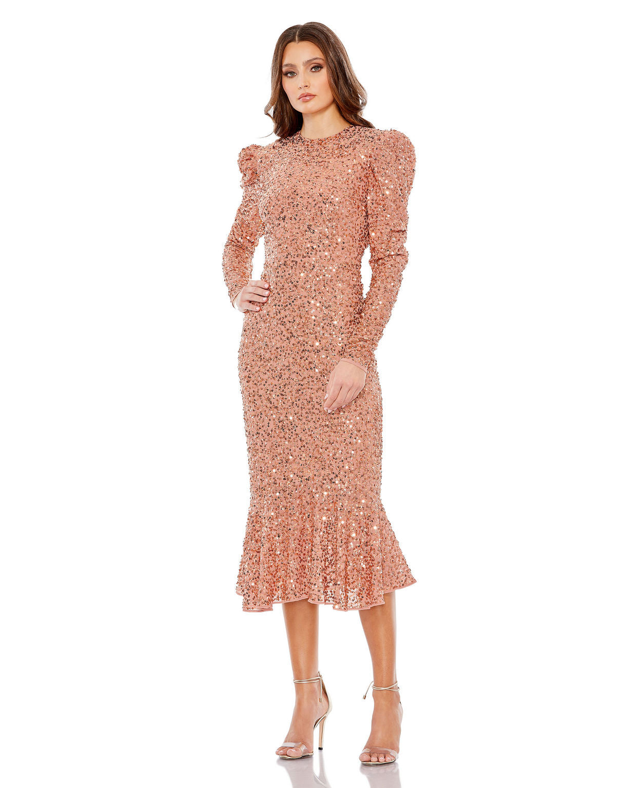 Cocktail Dresses Long Sleeve Sequin Short Cocktail Midi Trumpet Dress Copper
