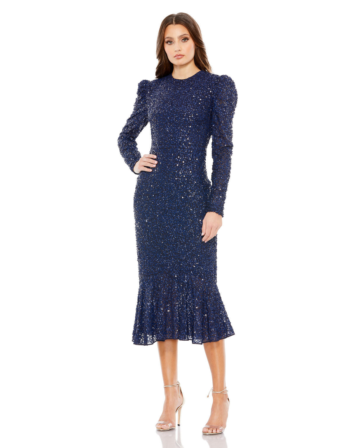 Cocktail Dresses Long Sleeve Sequin Short Cocktail Midi Trumpet Dress Navy