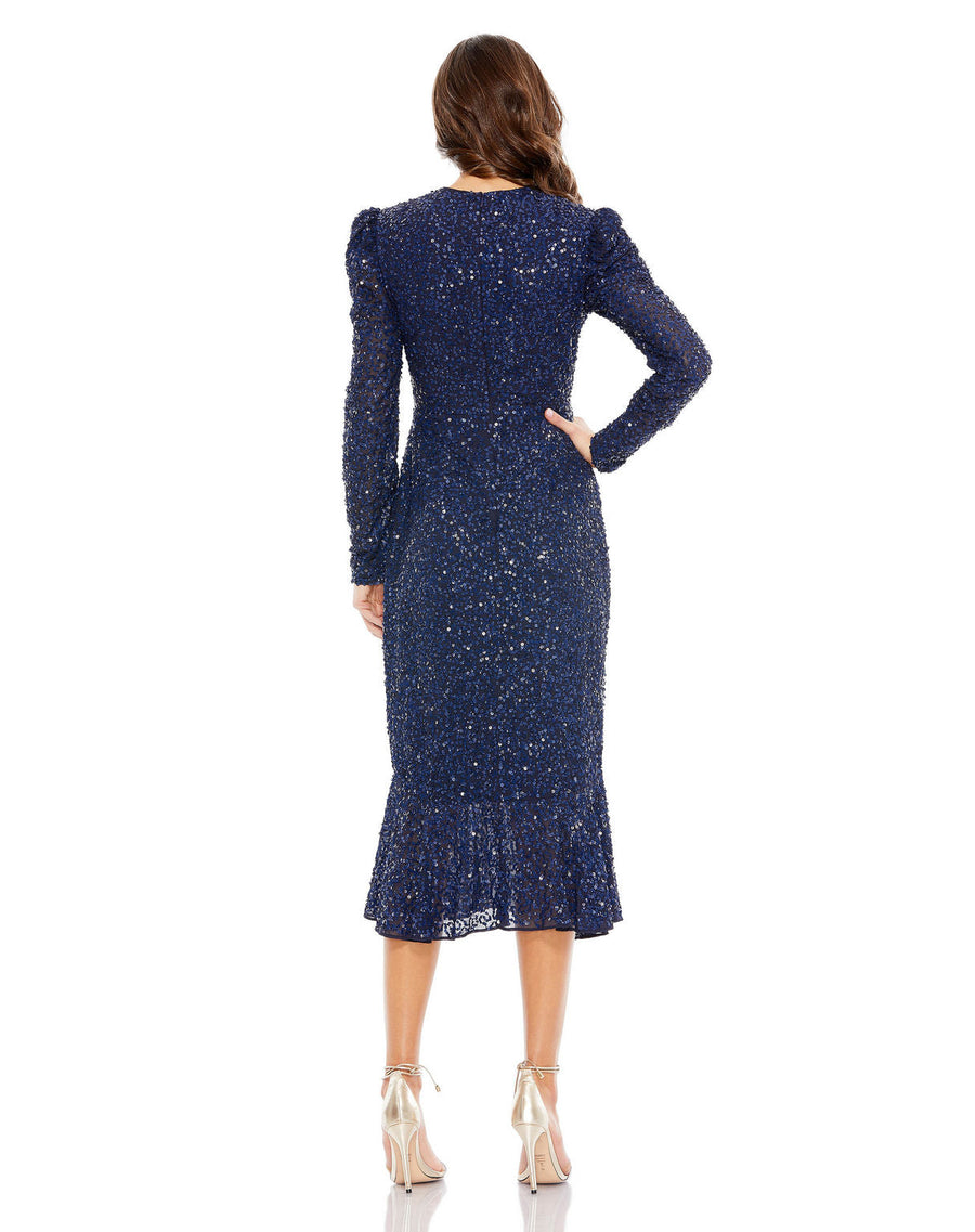 Cocktail Dresses Long Sleeve Sequin Short Cocktail Midi Trumpet Dress Navy