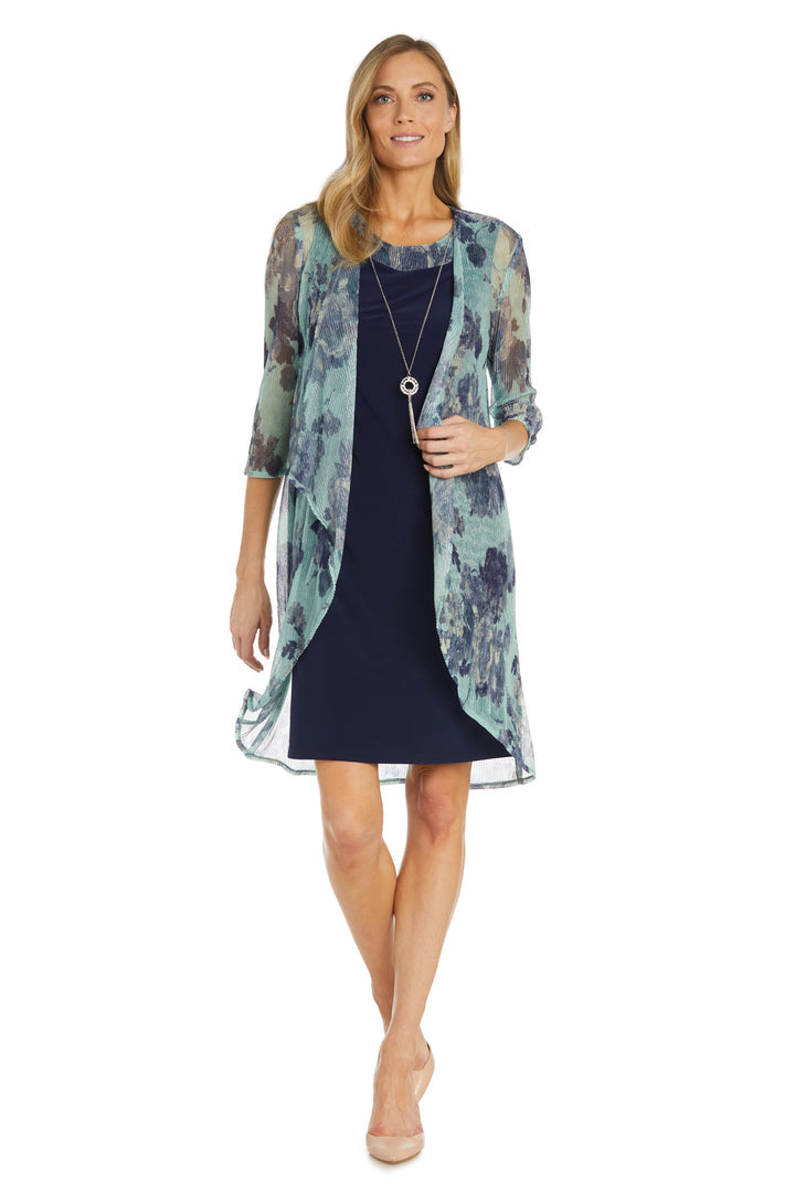 Mother of the Bride Dresses Mother of the Bride Short Printed Crinkle Jacket Dress Navy/Teal