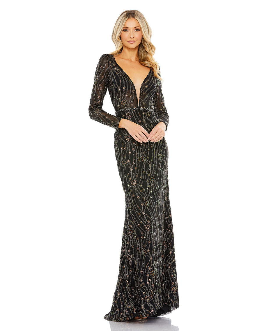 Formal Dresses Long Sleeve Fitted Beaded Formal Prom Dress Black Multi