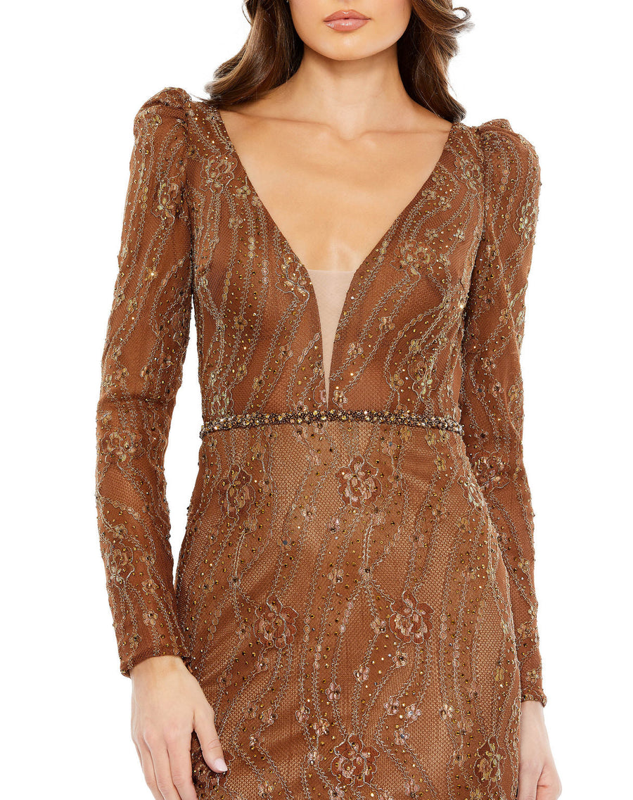Formal Dresses Long Sleeve Fitted Beaded Formal Prom Dress Bronze