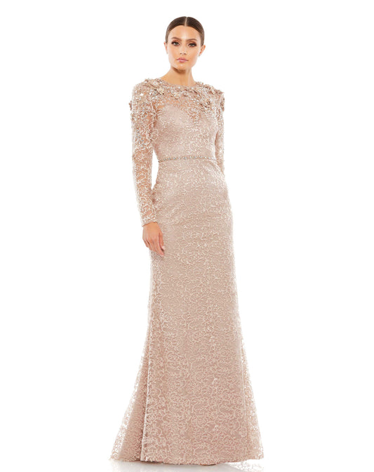 Formal Dresses Long Sleeve Floral Beaded Formal Prom Dress Nude