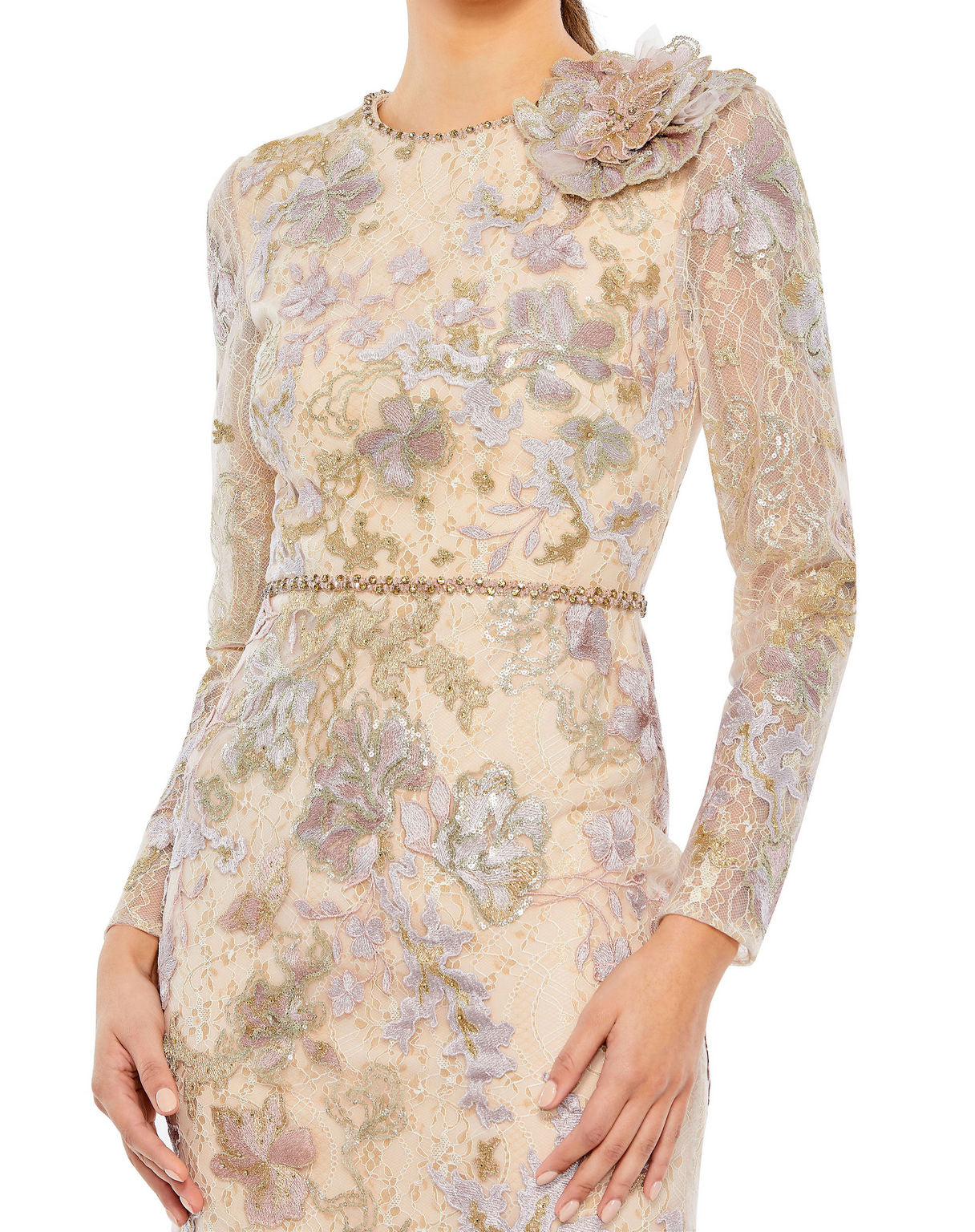 Formal Dresses Long Sleeve Flower Formal Prom Dress Nude