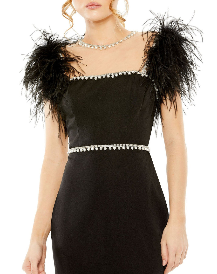 Formal Dresses Feather Cap Sleeve Pearl Embellished Tea Length Fit Dress Black