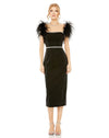 Formal Dresses Feather Cap Sleeve Pearl Embellished Tea Length Fit Dress Black
