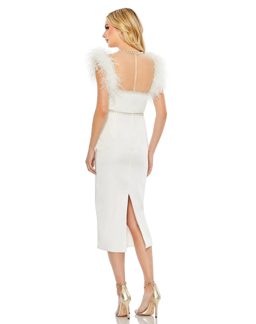 Formal Dresses Feather Cap Sleeve Pearl Embellished Tea Length Fit Dress White