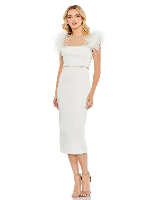 Formal Dresses Feather Cap Sleeve Pearl Embellished Tea Length Fit Dress White
