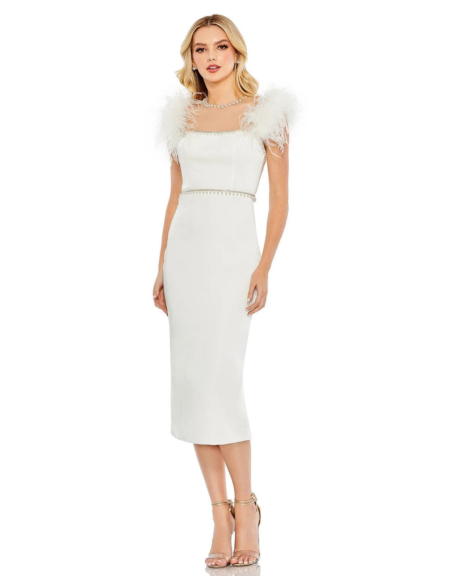 Formal Dresses Feather Cap Sleeve Pearl Embellished Tea Length Fit Dress White