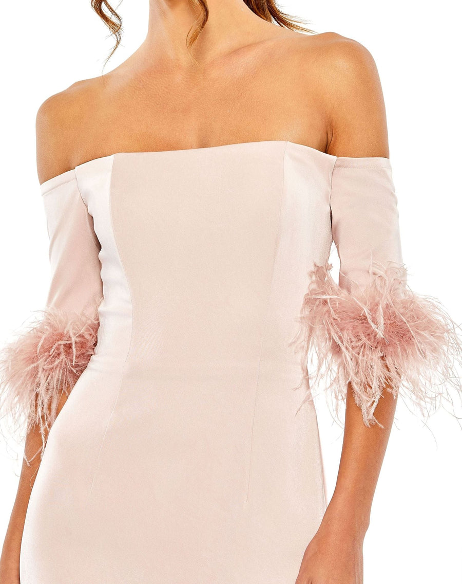 Prom Dresses  Feather Trim Long Fitted Formal Prom Gown Blush