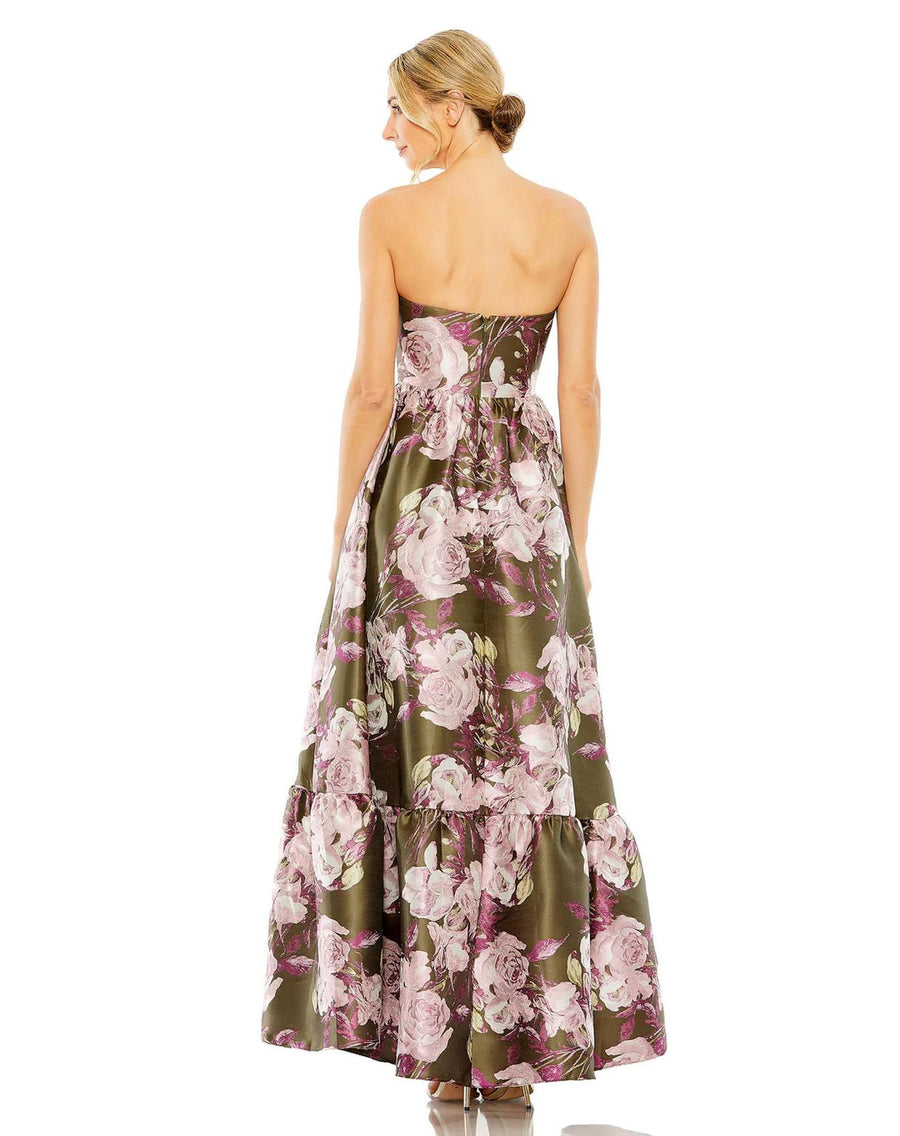 Formal Dresses Long Strapless Bottom Ruffle Floral Dress Olive Multi