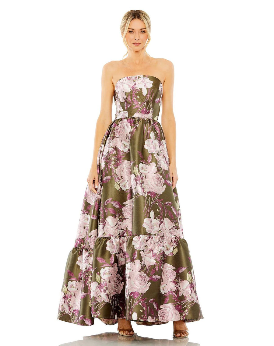 Formal Dresses Long Strapless Bottom Ruffle Floral Dress Olive Multi