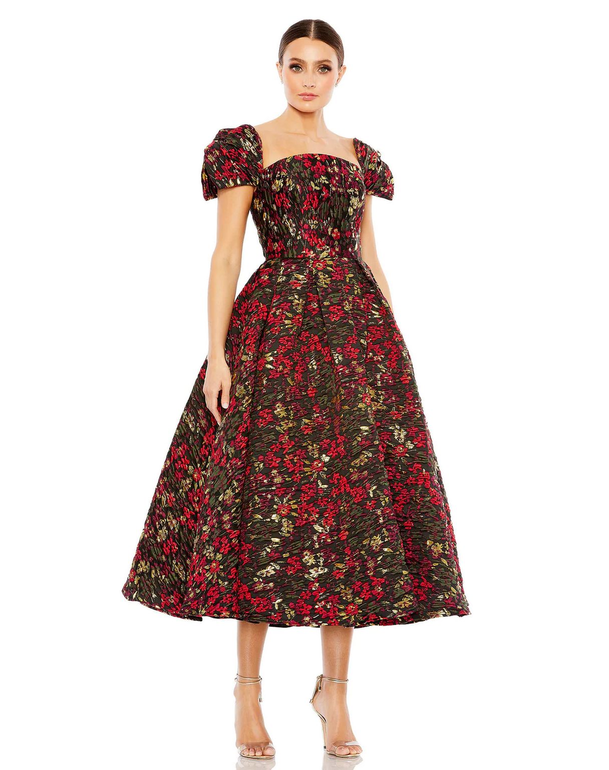 Cocktail Dresses Floral Brocade Cap sleeve Tea Length Dress Black Multi