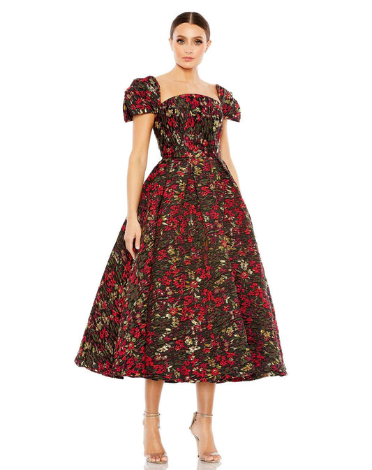 Cocktail Dresses Floral Brocade Cap sleeve Tea Length Dress Black Multi