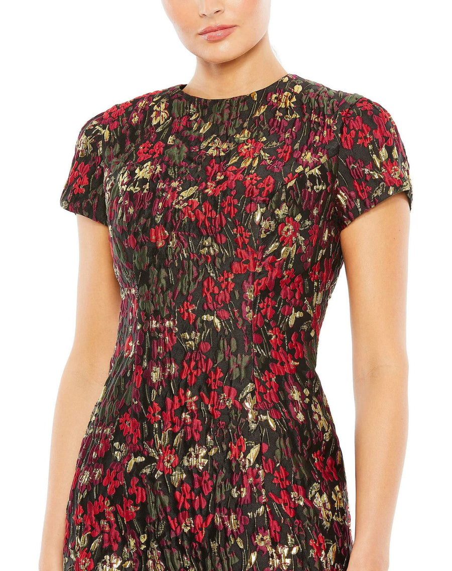 Cocktail Dresses Short Cap Sleeve Floral Brocade Fitted Mini Dress Black Multi