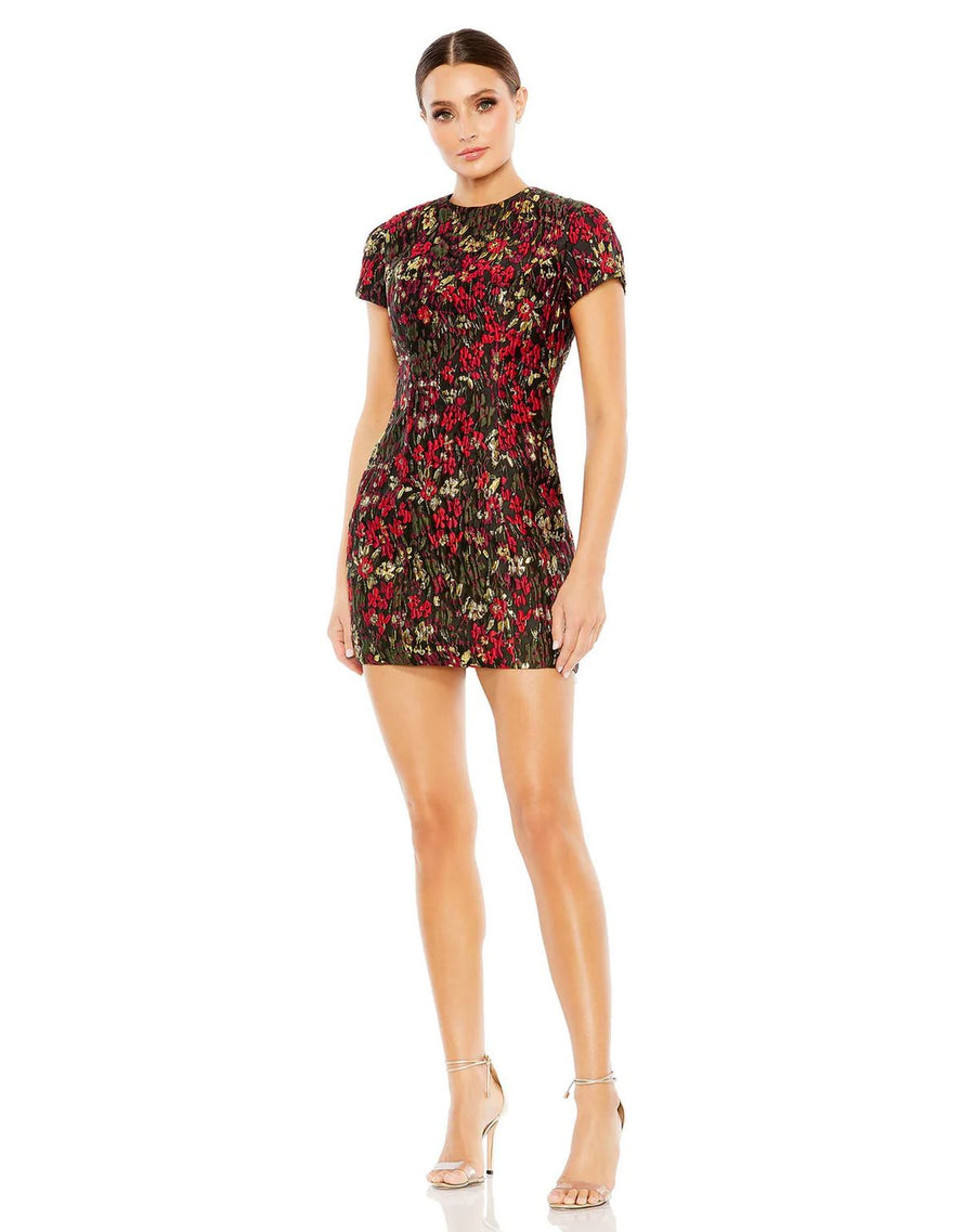 Cocktail Dresses Short Cap Sleeve Floral Brocade Fitted Mini Dress Black Multi