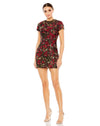 Cocktail Dresses Short Cap Sleeve Floral Brocade Fitted Mini Dress Black Multi
