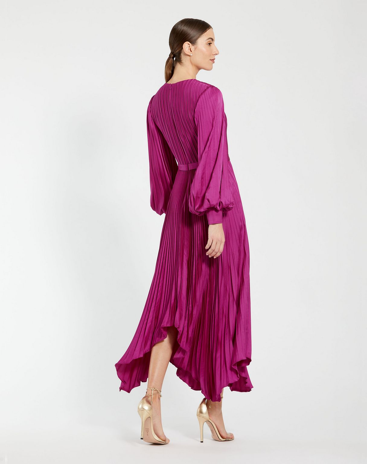 Formal Dresses Pleated Long Sleeve Formal Prom Dress Fuchsia