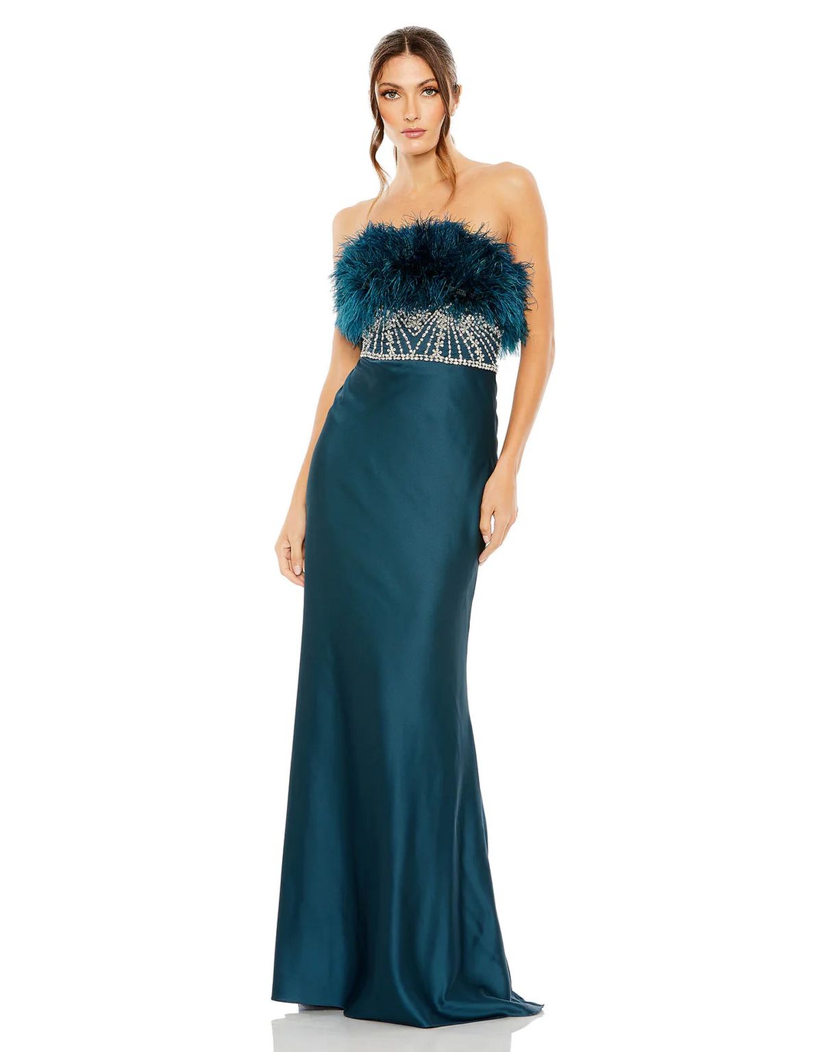 Formal Dresses Long Strapless Feather Rhinestone Detailed Dress Teal