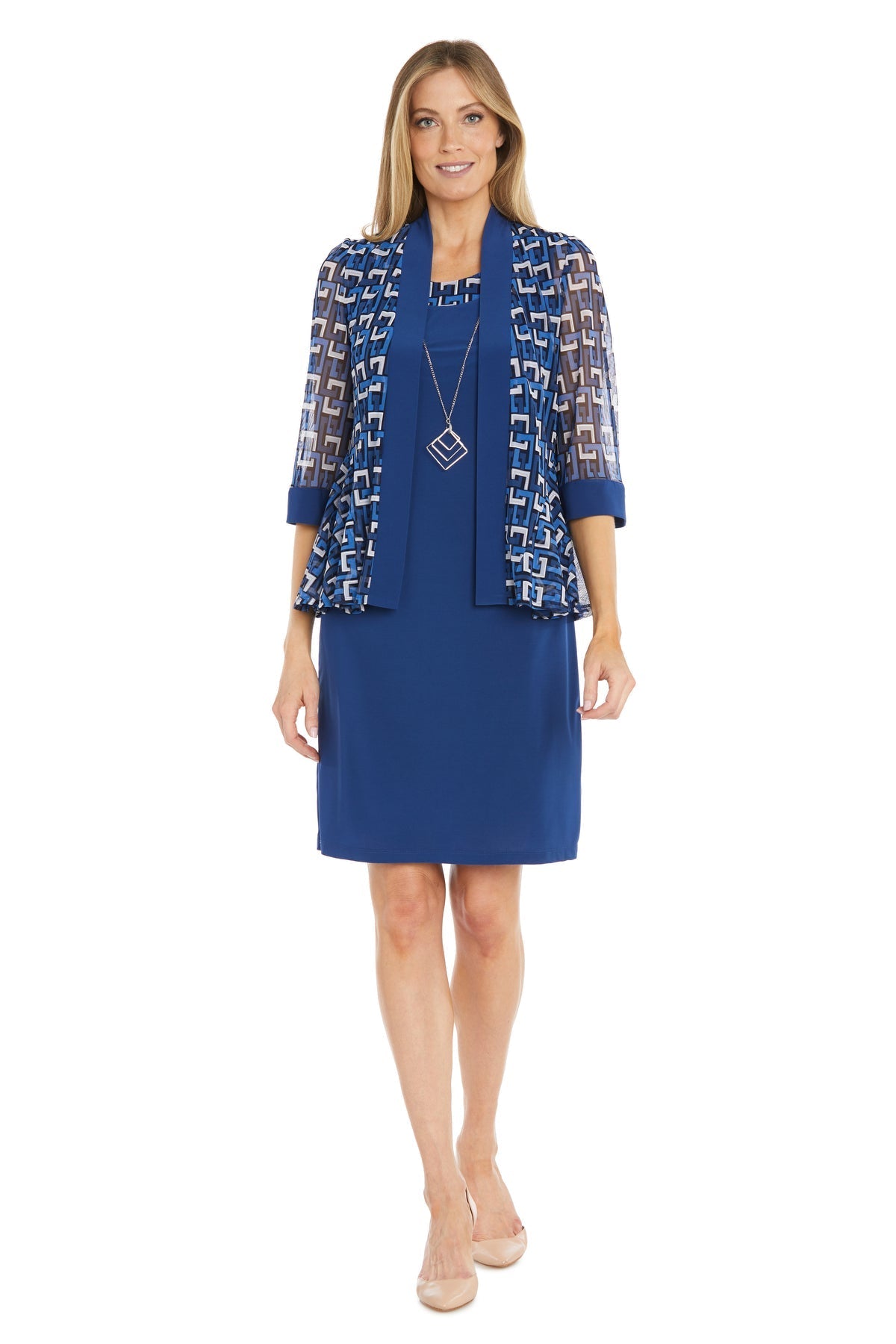 Mother of the Bride Dresses Mother of the Bride Short Geometric Print Jacket Dress Cobalt/White