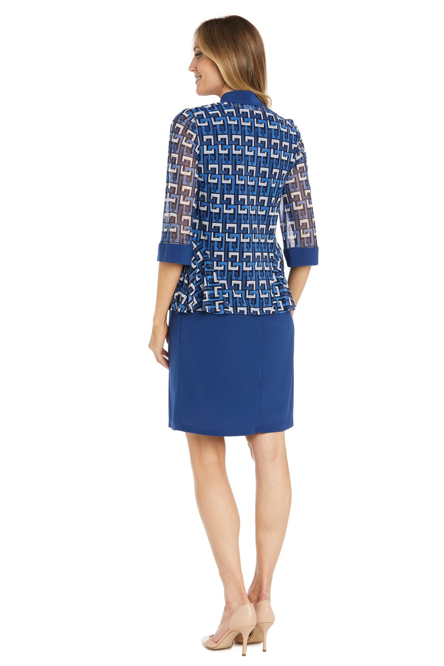 Mother of the Bride Dresses Mother of the Bride Short Geometric Print Jacket Dress Cobalt/White