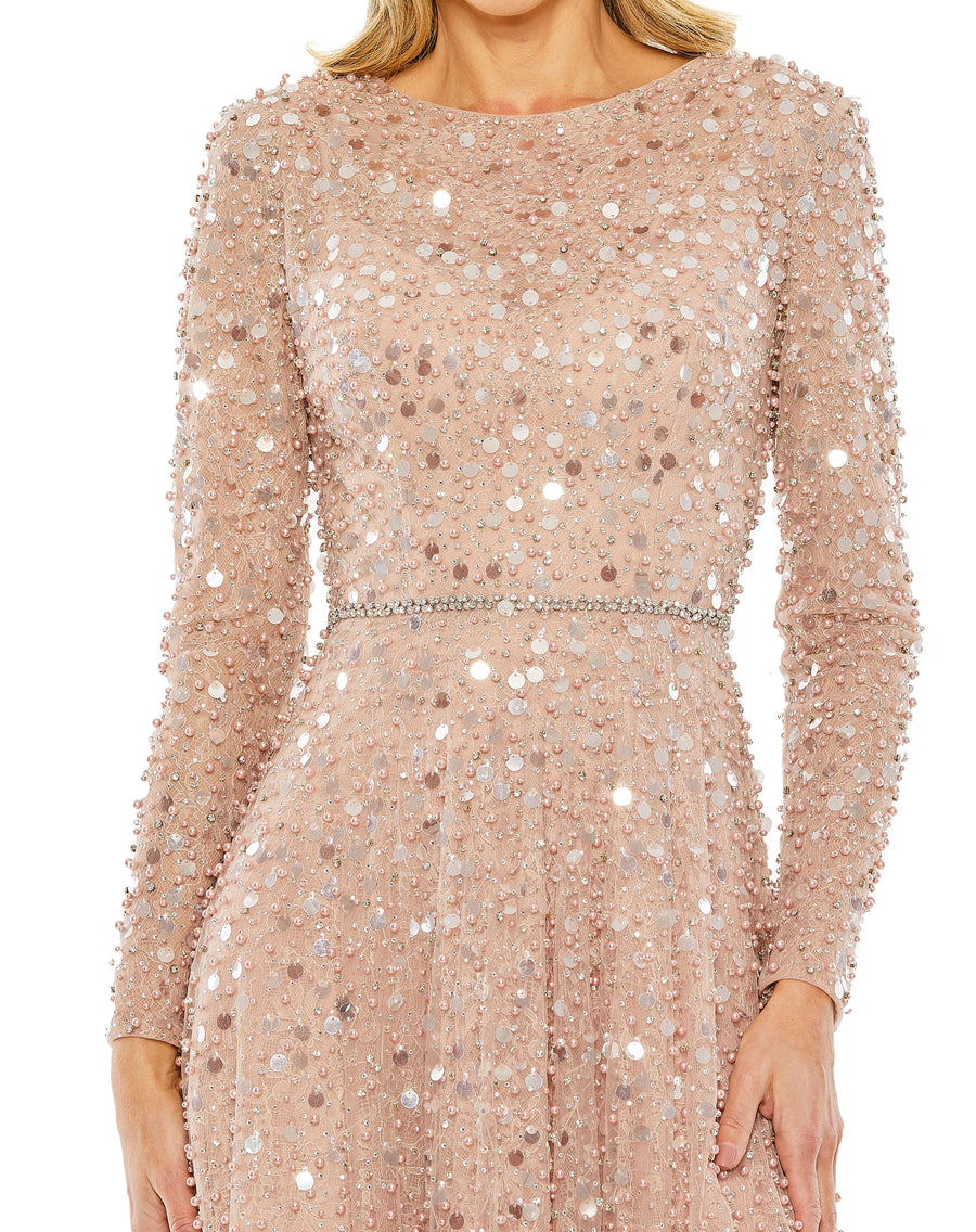 Formal Dresses Long Sleeve Formal Beaded Fringe Evening Gown  Dusty Rose