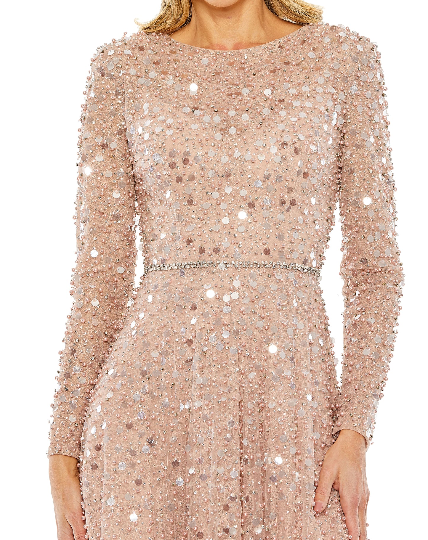 Formal Dresses Long Sleeve Formal Beaded Fringe Evening Gown  Dusty Rose