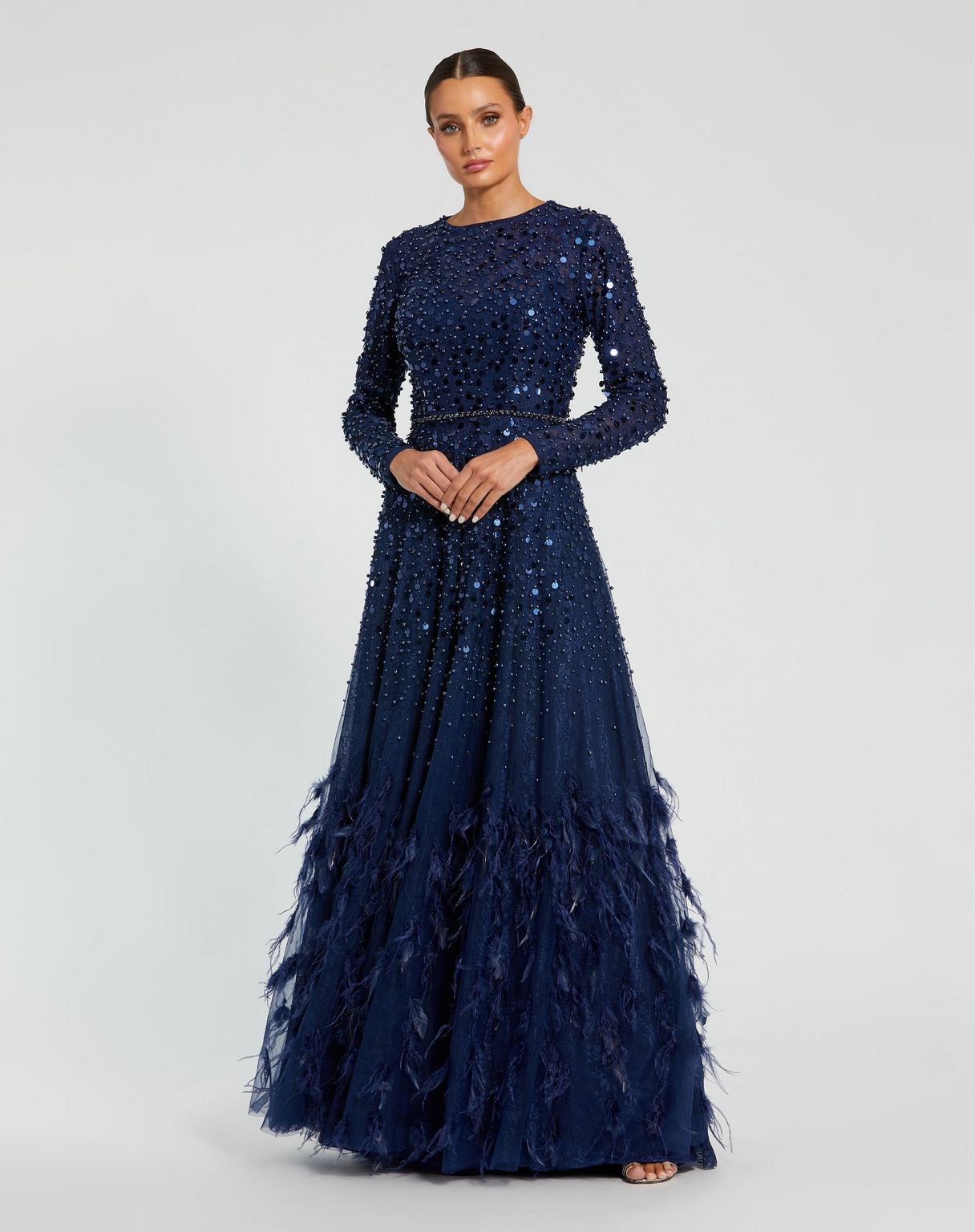 Formal Dresses Long Sleeve Formal Beaded Fringe Evening Gown Midnight