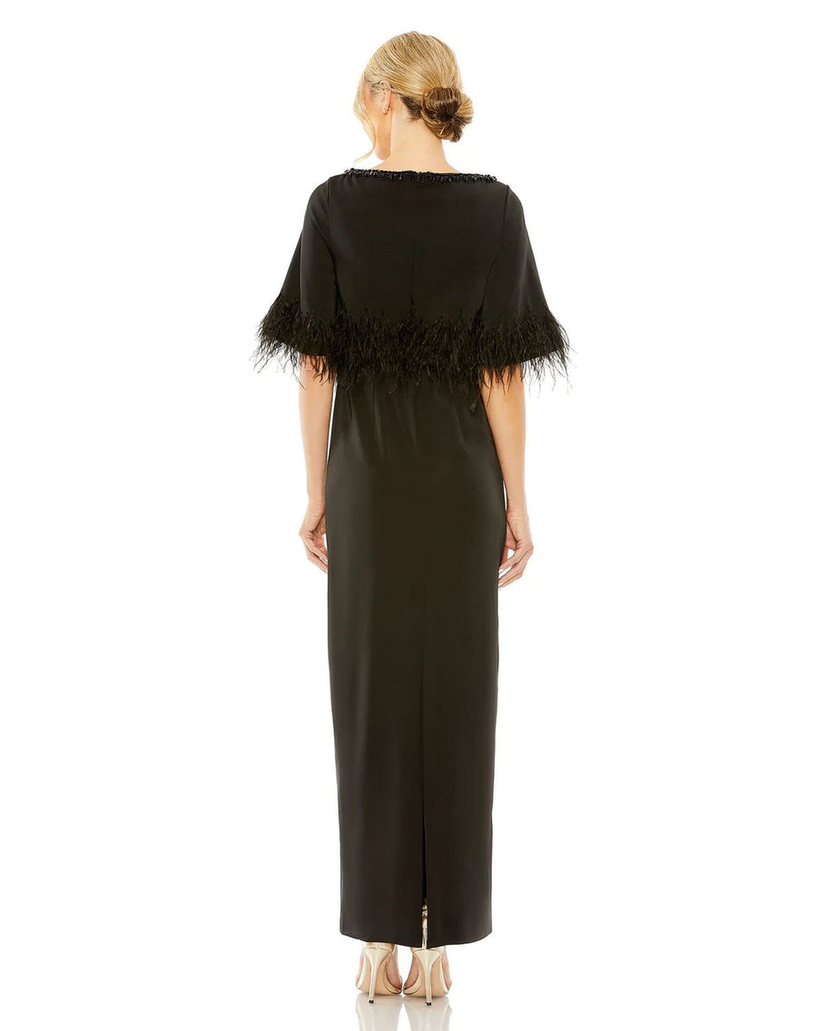 Mother of the Bride Dresses Quarter Sleeve Crystal Neck Feather Detail Long Dress Black