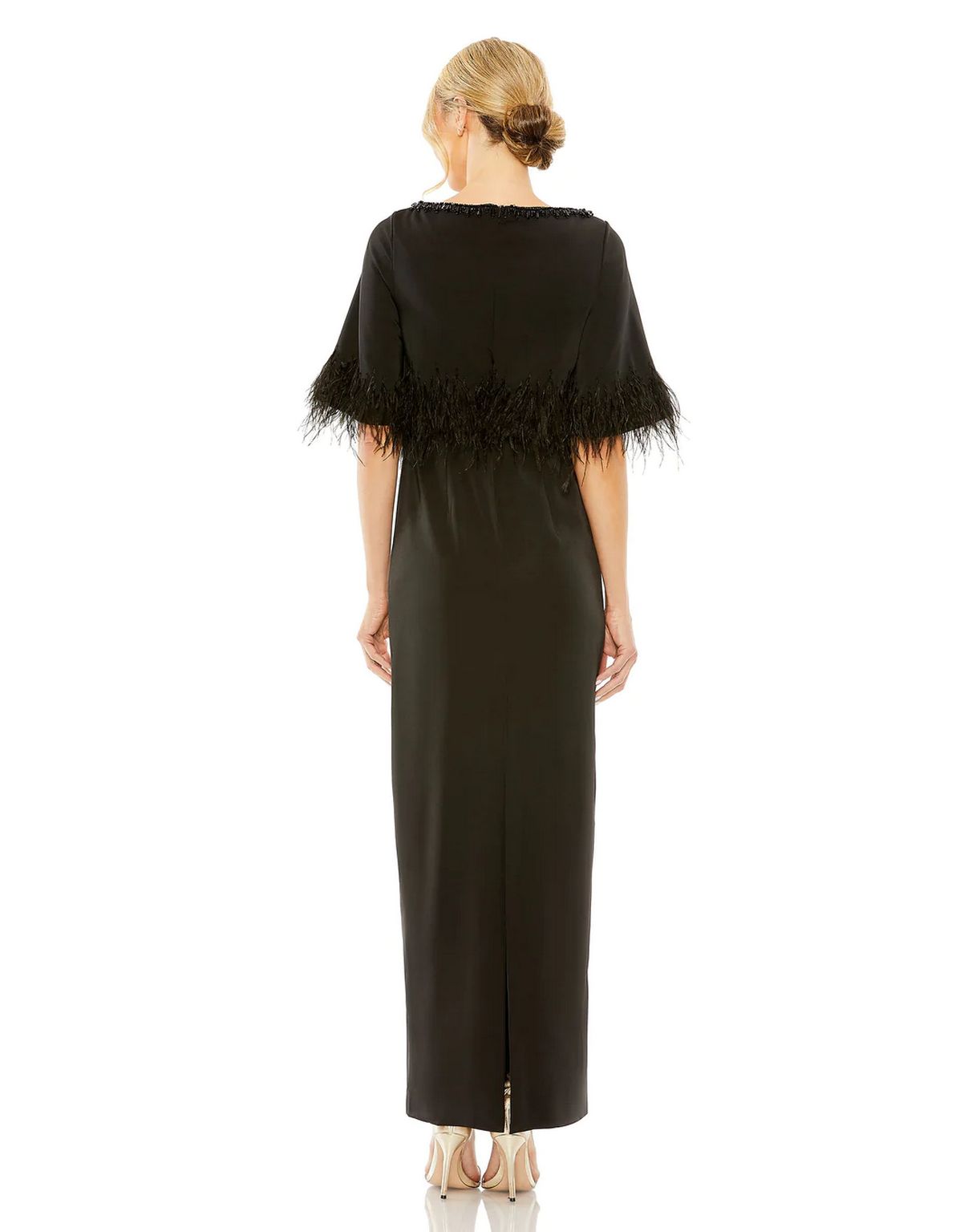 Mother of the Bride Dresses Quarter Sleeve Crystal Neck Feather Detail Long Dress Black